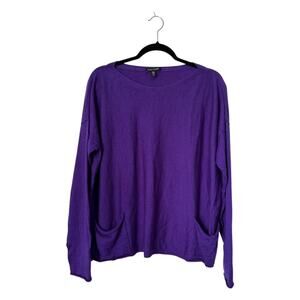 Eileen Fisher Sweater Size S Purple Merino Wool Boat Neck Pockets Long Sleeve